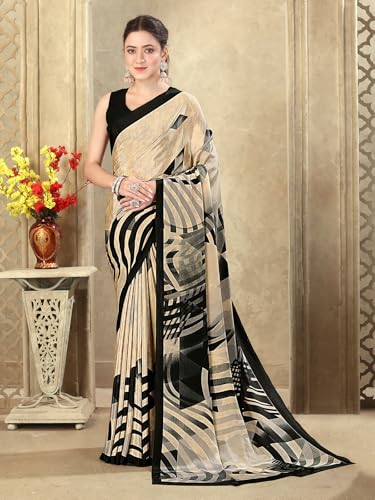 Image of SIRIL Women's Crepe Silk Printed Saree with Unstitched Blouse Piece