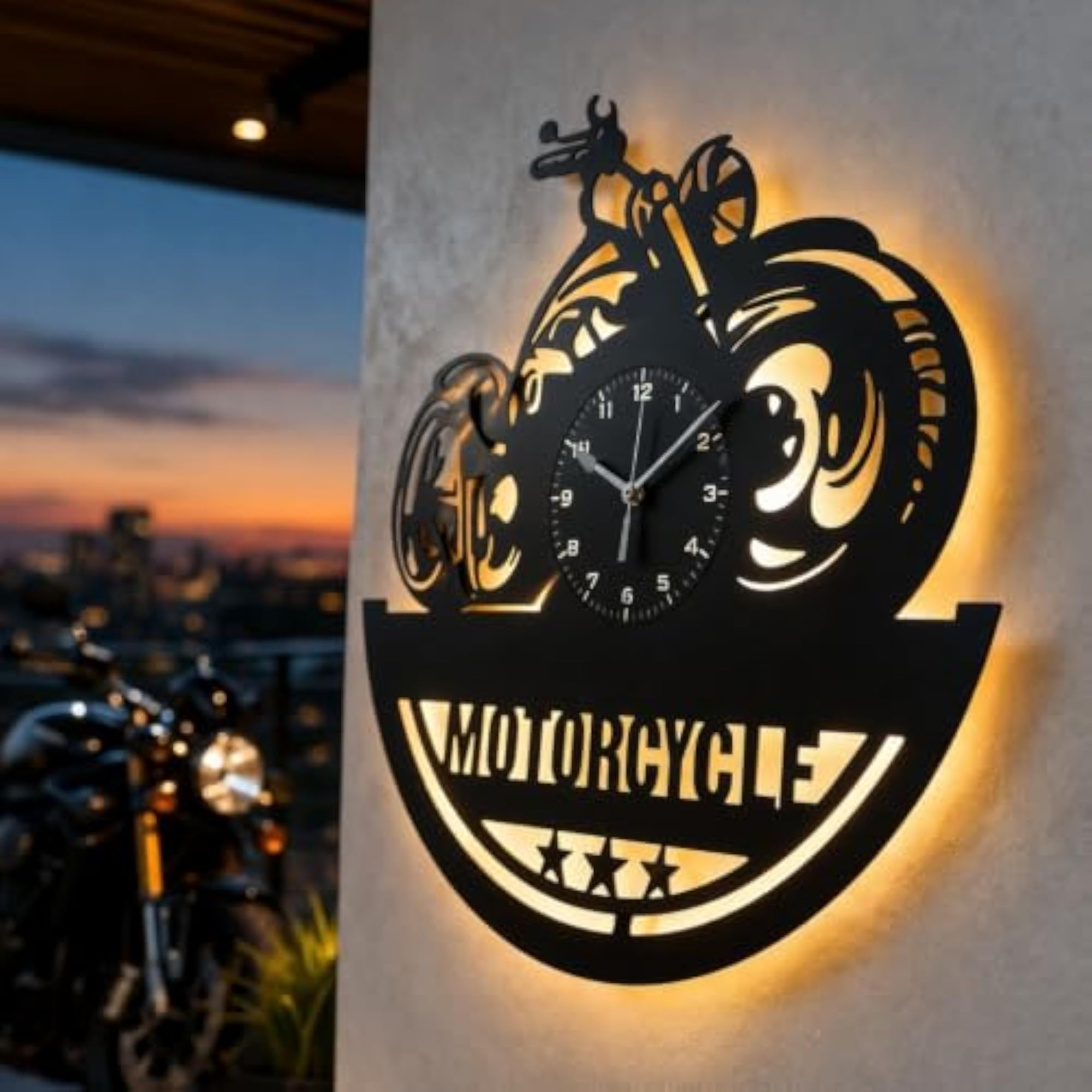 LED Backlit Motorcycle Wall Clock, Laser-Cut Metal Design