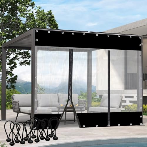 Rideaux d'extérieur en bâche PVC noir 5x3,5m avec porte zippée pour pergola