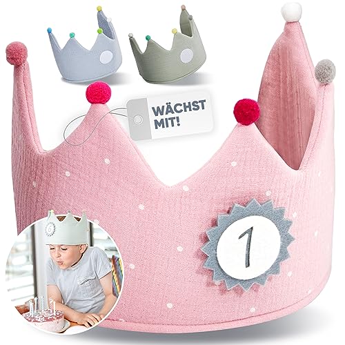 Geburtstagskrone Kinder-Geburtstag aus Musselin mit Zahlen von 1 - 9 für Mädchen Jungen Party Deko Hut Stoffkrone in drei Farben (rosa)