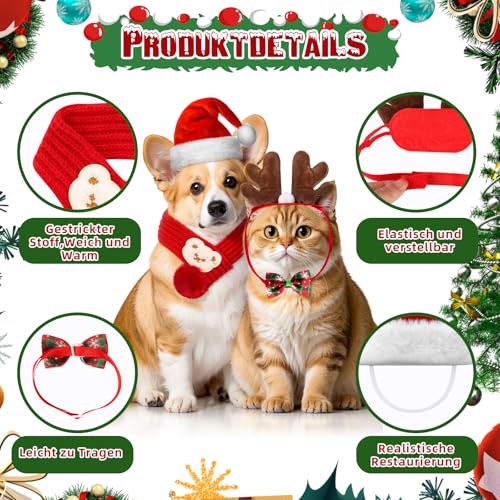 4 Stück Weihnachten Hundekostüm Haustier Weihnachtskostüm Accessoires Set für Hunde Katzen Rotes Weihnachtsmann Hut Hirschgeweih Stirnband Fliege Schal für Kleine Hunde Katzen Haustier