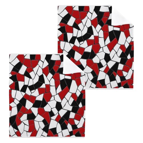 ALAZA Wash Cloth Set 100% Cotton Fingertip Towels Face Cloths Sets Mosaic White Red Black Highly Absorbent Soft Feel Set of 2