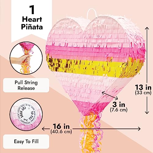 Sparkle and Bash Pull String Pinata - 16 x 13 x 3 In, Pink & Gold Ombre - Heart Shaped Pinata for Girls' Birthday Party Supply & Decoration by Sparkle and Bash - Image 3