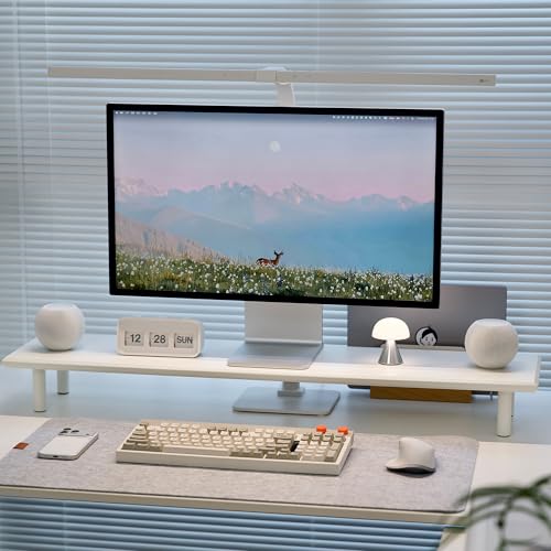 Image of Bamboo Dual Monitor Stand Riser, White Desk Shelf with Storage