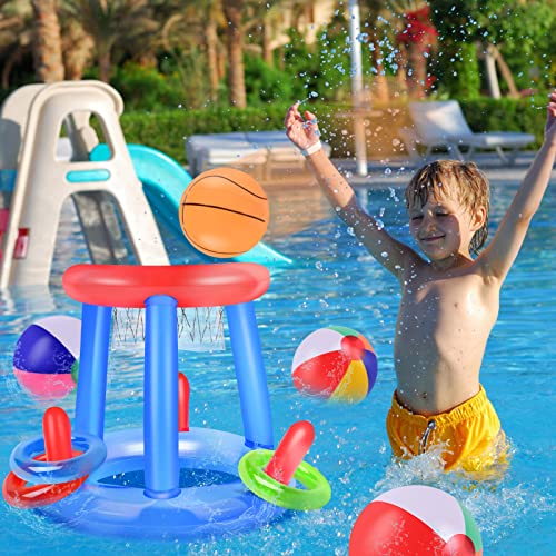 Herefun Aufblasbares Basketball-Set, Pool-Basketballspielzeug, Basketballreifen und Ball und anderes Zubehör, Sommer, Spielzeug-Set für Erwachsene, schwimmendes Spielzeug (Stil 1)