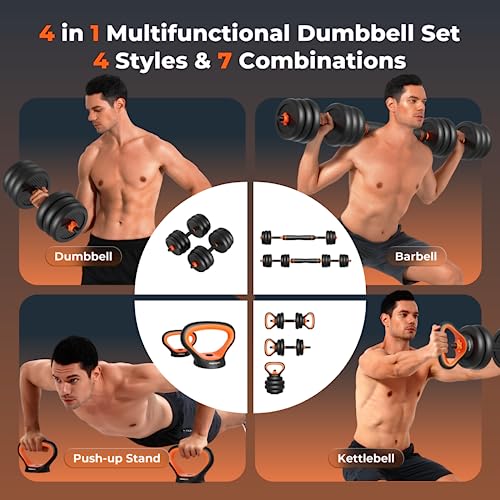 Feierdun Adjustable Dumbbells, 70Lbs Free Weight Set With Connector, 4 In1 Dumbbells Set Used As Barbell, Kettlebells, Push Up Stand, Fitness Exercises For Home Gym Suitable Men/Women #TOP1