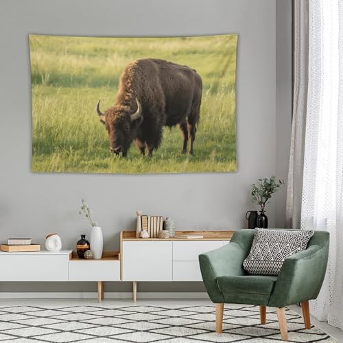 Tapisserie murale bohème Bison Eats Grass avec kit de suspension