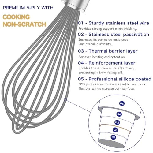 Image of OYV Grey Silicone Whisk, Professional Whisks For Cooking Non-Scratch, Stainless Steel & Silicone Wisk, Plastic Rubber Whisk Tool For Nonstick Cookware Pans, Silicon Wisks Set of 3