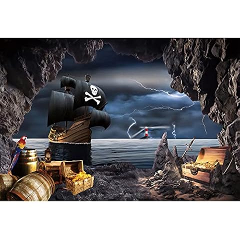Haoyiyi 8x6ft Pirate Ship Backdrop Seaside Cave Adventure Ship Island Cruises Treasure Photography Background Girl Kids Baby Shower Artistic Portrait Cake Smash Party Decor Photo Props Polyester Cover