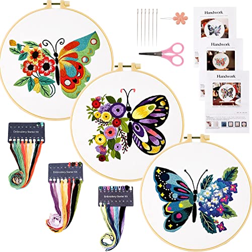 MAMUNU 3 juegos de bordado de punto de cruz para adultos principiantes, kits de punto de cruz con estampado de mariposa, aro de bordado, hilo dental y herramientas