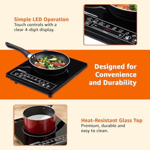 Image of Amazon Basics 2200W Induction Cooktop | 8 Pre-Set Cooking Menus | LED Digital Display | Touch Panel I Energy Efficient, Auto Cut-off, 25A IGBT & 4KV Surge Protection I Smart Pan Sensor I Black
