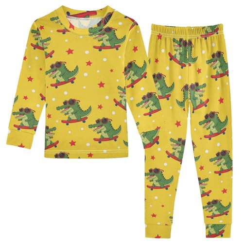 Pajama Sets Long Sleeve Crocodile Surfing Yellow Background Soft Comfy Sleepwear 2 Piece PJS 3-8T