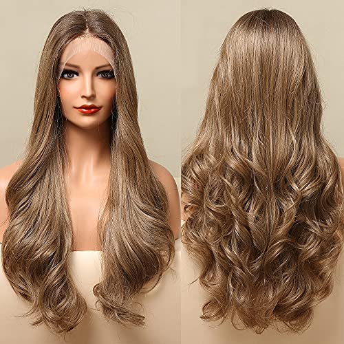 Light Brown Lace Front Wigs HAIRCUBE Long Curly Wave Middle Parting Natural Hair Line Synthetic Wigs for Women Heat Resistant Fiber Hair