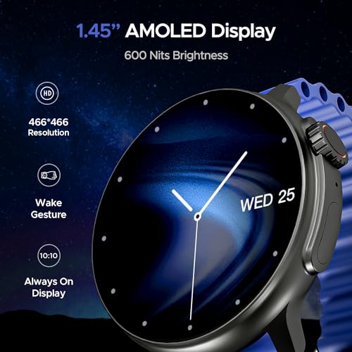 Image of boAt Lunar Tigon Smart Watch w / 1.45 inch (3.6 cm) AMOLED Display, Advanced BT Calling, Always on Display, Functional Crown, Premium Design & Ocean Ridge Strap,IP67,HR & SpO2 Monitoring(Deep Blue)