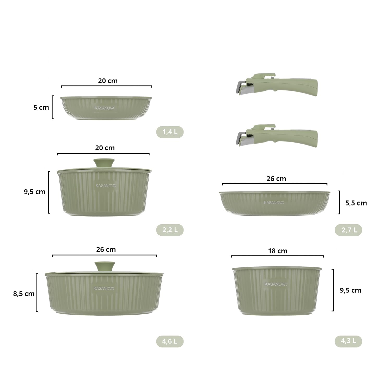 KASANOVA Batterie de cuisine 9 pièces Eaziclip, Set de casseroles induction avec revêtement céramique et poignées amovibles pour utilisation au four, Batterie antiadhésive avec couvercles (Vert)