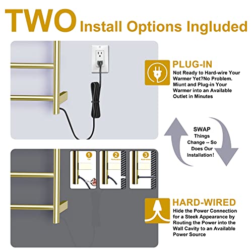 Vjass Towel Warmers,4 Bars Design Stainless Steel Heated Towel Rack With Built-In Timer, Wall-Mounted Bath Towel Heater For Bathroom, Plug-In/Hardwired (Brushed Gold) #TOP4