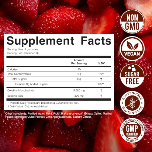 Image of Secret Element Creatine Monohydrate Gummies 5000 mg per Serving, Sugar Free Vegan Gummies, Non-GMO, Creatine Chews for Women & Men, 30 Servings, 120 Gummies, Strawberry Flavor