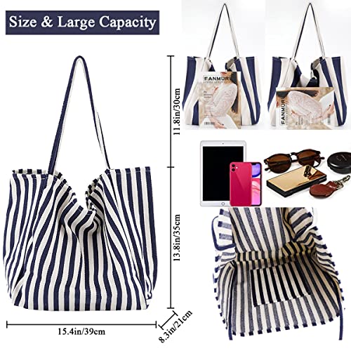 Image of Striped Canvas Tote Handbag for Women Vertical Stripe Large Capacity Shoulder Bag for Shopping Travel