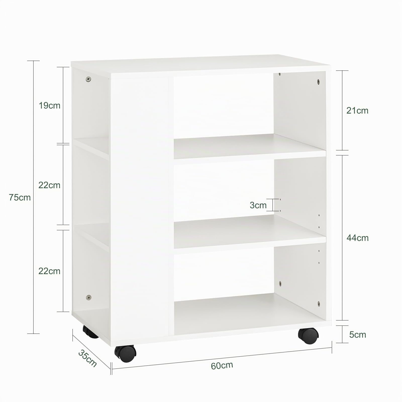 SoBuy Cassettiera Ufficio da Scrivania Porta Stampante su Ruote Schedario da Ufficio con Ripiani Regolabili Mobiletto Portaoggetti Mobiletto Salvaspazio Bianco 60x35x75cm FBT68-W