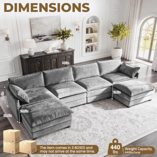 Image of 146 inch U-Shape Modular Sofa with 2 Ottomans, Deep Seat Cloud Convertible Sleeper, 2 Arm Pillows, Cozy Large Upholstered Furniture for Living Room Apartment, Dark Grey
