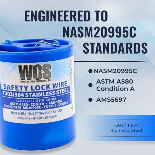 Image of WCS .032 Stainless Steel Safety Lock Wire, T302 /304, NASM20995C MS20995C, ASTM A580 Condition A, AMS569, Mechanics Wire for Aircraft, Automotive, & Industrial Use, 5lb Dispenser Can, Approx 1810 ft