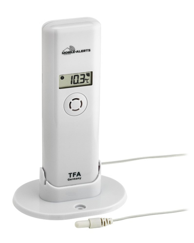 TFA Dostmann Weatherhub nadajnik termohigro-z wodoodpornym czujnikiem kabla, Smart Home, pobieranie danych za pomocą smartfona, idealny do urządzeń chłodzących/stawu/basenu, biały