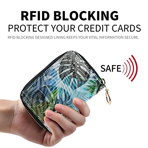 Seamless Exotic Tropical Plants Palm Tree Leaves in Retro StyleGrey Credit Card Coin wallet, RFID Blocking Compact Women Leather Card Holder, Key Change Organizer, Zipper Purse Clutch Pouch2