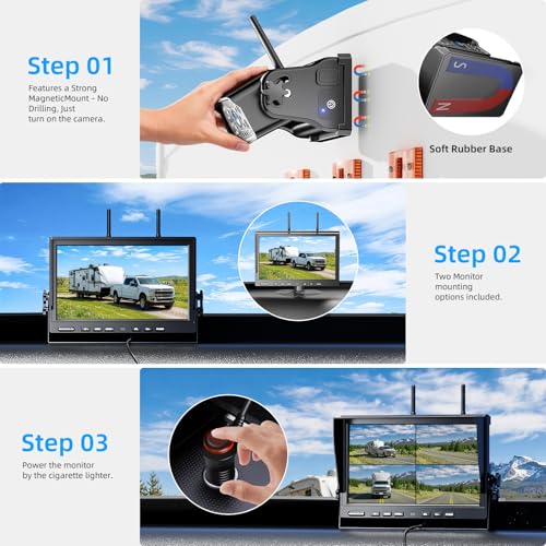 Image of 3 Magnetic Wireless Backup Camera with HD 1080P 10 inch DVR Monitor, 1-Rear View 2-Side View Cameras Wireless System for RV Trailer Trucks, Built-in 9600mAh Battery,Night Vision,Recording- ZEROXCLUB BC103