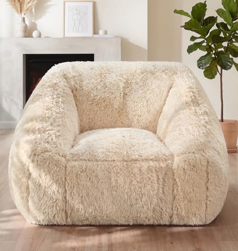 Image of Hobestluk Bean Bag Chair Plush Accent Chair Armrest Living Room Adult Beige