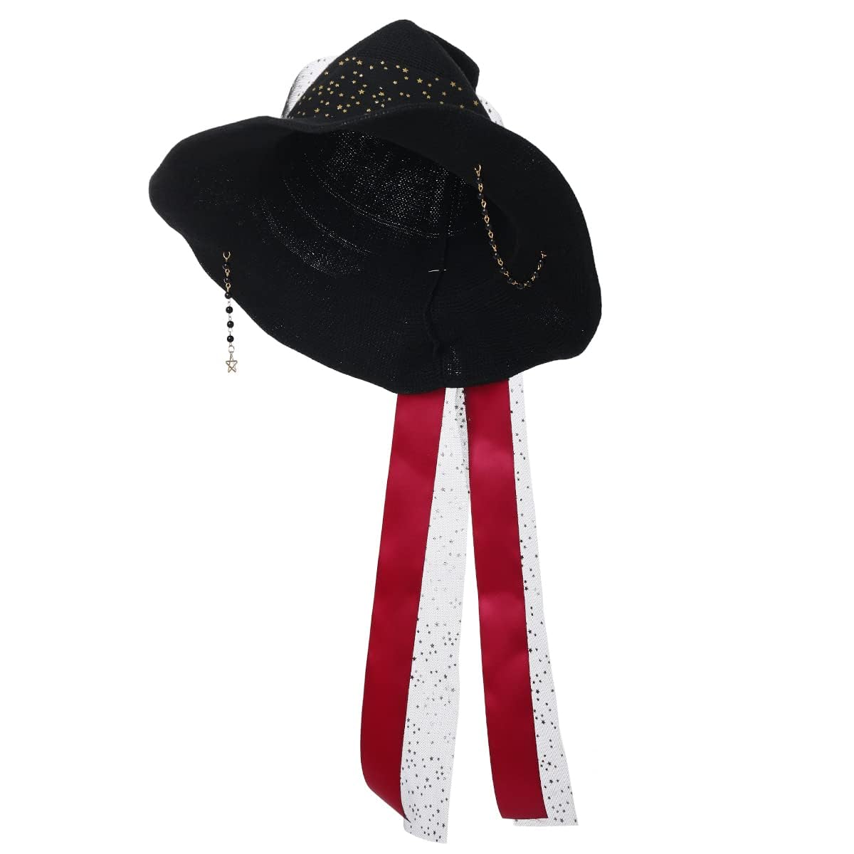 COSDREAMER Women Witch Hat Wool Knit Cap for Halloween Christmas Costume Party flowers stars bow (black red-lace) - Image 2