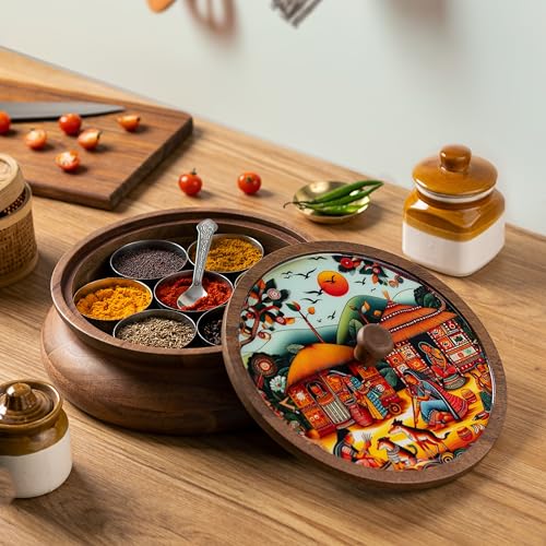 Image of Wooden Spice box for kitchen with spoon, Mango wood box with 7 Steel containers | Masala box for kitchen | Masala Dani | Best Gift (Red Masala Box)