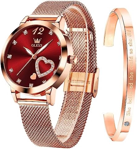 OLEVS Rose Gold Watch for Women Mesh Strap Fashion Dress Hearts J...