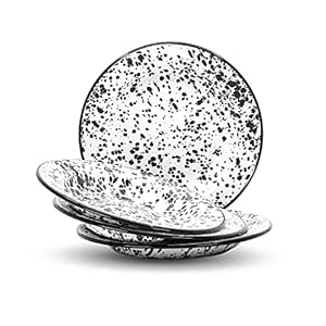 Red Co Set of 4 Enamelware Metal Classic 8 Round Salad Plate Black MarbleBlack Rim Splatter Design