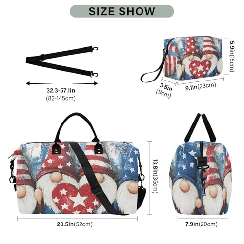 Cute Gnomes with American Flag Pattern Travel Duffle Bag, Large Weekender Overnight Bags for Women Men Waterproof Carry on Shoulder Tote Bags for Hospital Maternity Mommy Gym with Toiletry Bag3