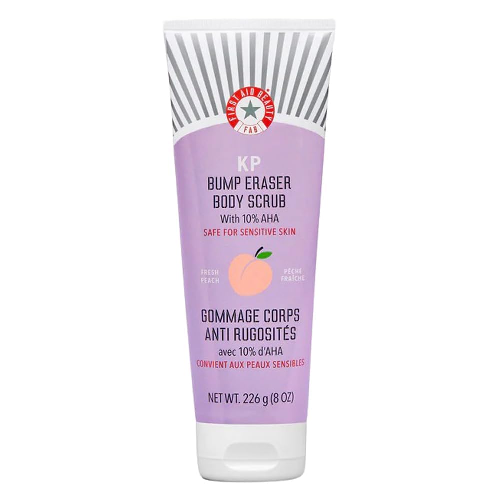 KP Bump Eraser Body Scrub with 10% AHA, Keratosis Pilaris Exfoliator with Glycolic and Lactic acids, Helps Reduce Chicken Skin Bumps, Safe for Sensitive Skin, Peach Scent (2 oz)