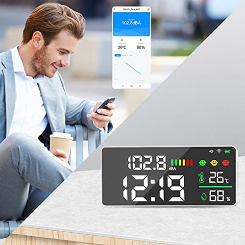Medidor de Nivel de Sonido LED de 11 Pulgadas con Reloj de Humedad Temporal-2,4G WIFI Tuya APP Medidor de Decibelios para DB, Medidor de Nivel de Humedad Temporal, Medidor de