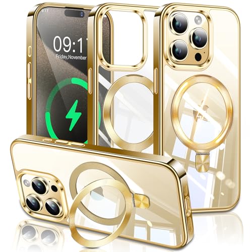 Image of ESTPEAK Titanium Gold CD Mag-Stand Case for iPhone 15 Pro Case with Invisible Magnetic Ring, [Fit for MagSafe] [Never Yellowing] Top Clear Phone Case Cover for iPhone 15 Pro 6.1 inch Men Women