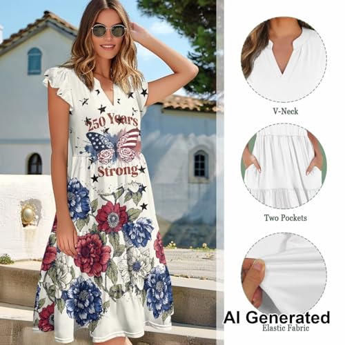 Image of Womens Summer Dress Ruffle Sleeve V Neck Dress Casual Fit Flowy Beach Vacation Sundress with Pocket S-2XL