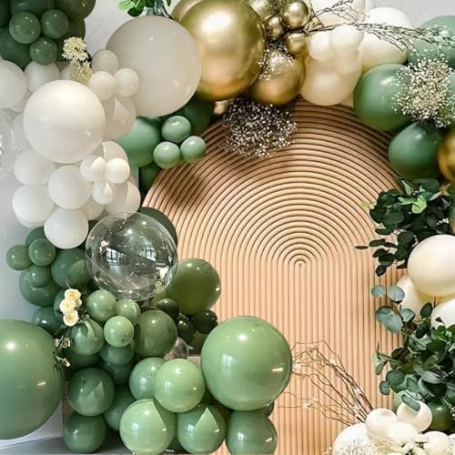 Image of MEBAY Green White Gold Balloon Arch Kit, 146Pcs Avocado Green Metallic Chrome Gold Confetti and White Latex Balloons for Wedding Birthday Baby Shower Decoration