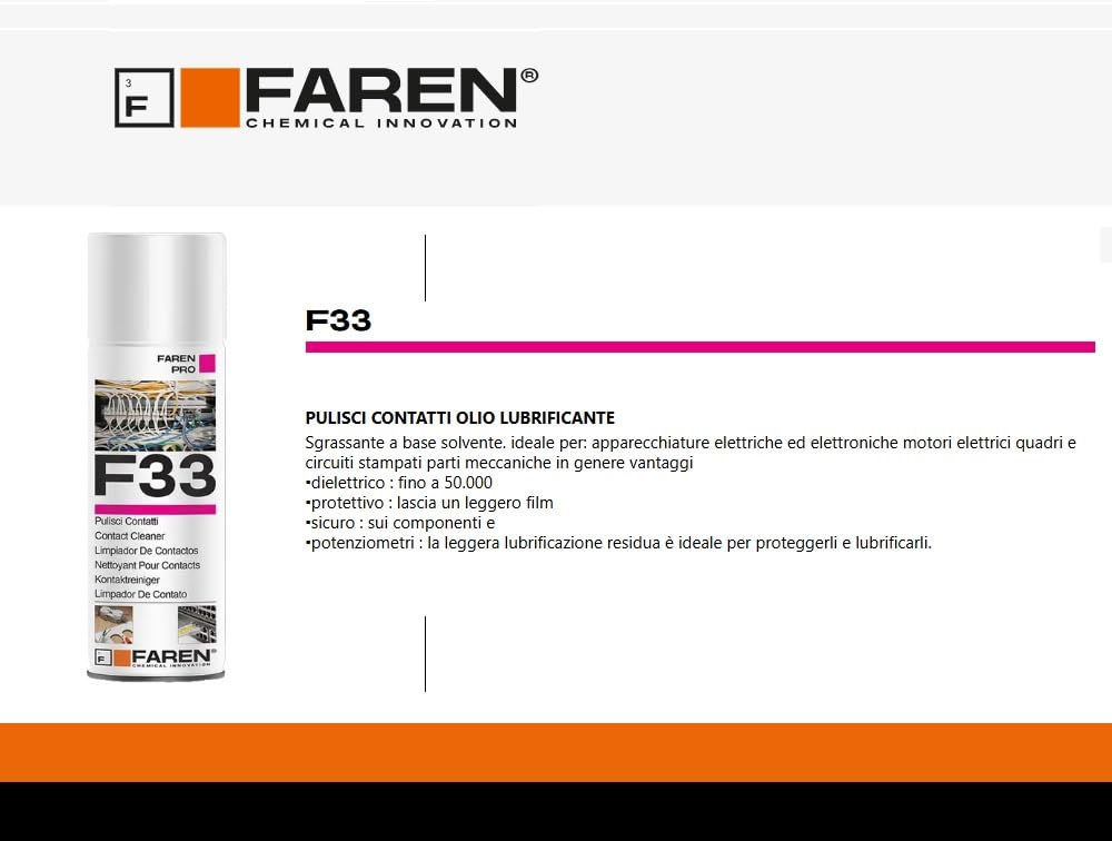 Faren F33 Pulitore Contatti, Spray Sgrassante ad Azione Protettiva Ideale per Motori Elettrici, Circuiti Stampati e tante Apparecchiature Elettroniche, ottimo per il Modellismo, 400ml (3 Pz)