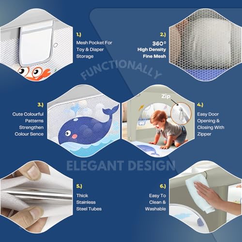 Image of Playards|Playpen for Kids up to 4 Years, Spacious 150x150 cm Baby Play Yard with Safety Lock & Hand Grip, Thick Padding & 360 Mesh Visibility, Portable Activity Center for Toddlers -Grey