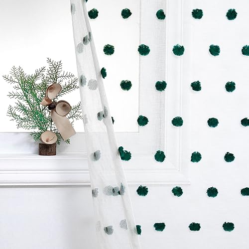Image of MYSKY HOME Hunter Green Pom Pom Curtain for Kitchen Window 54 Inch 2 Pieces