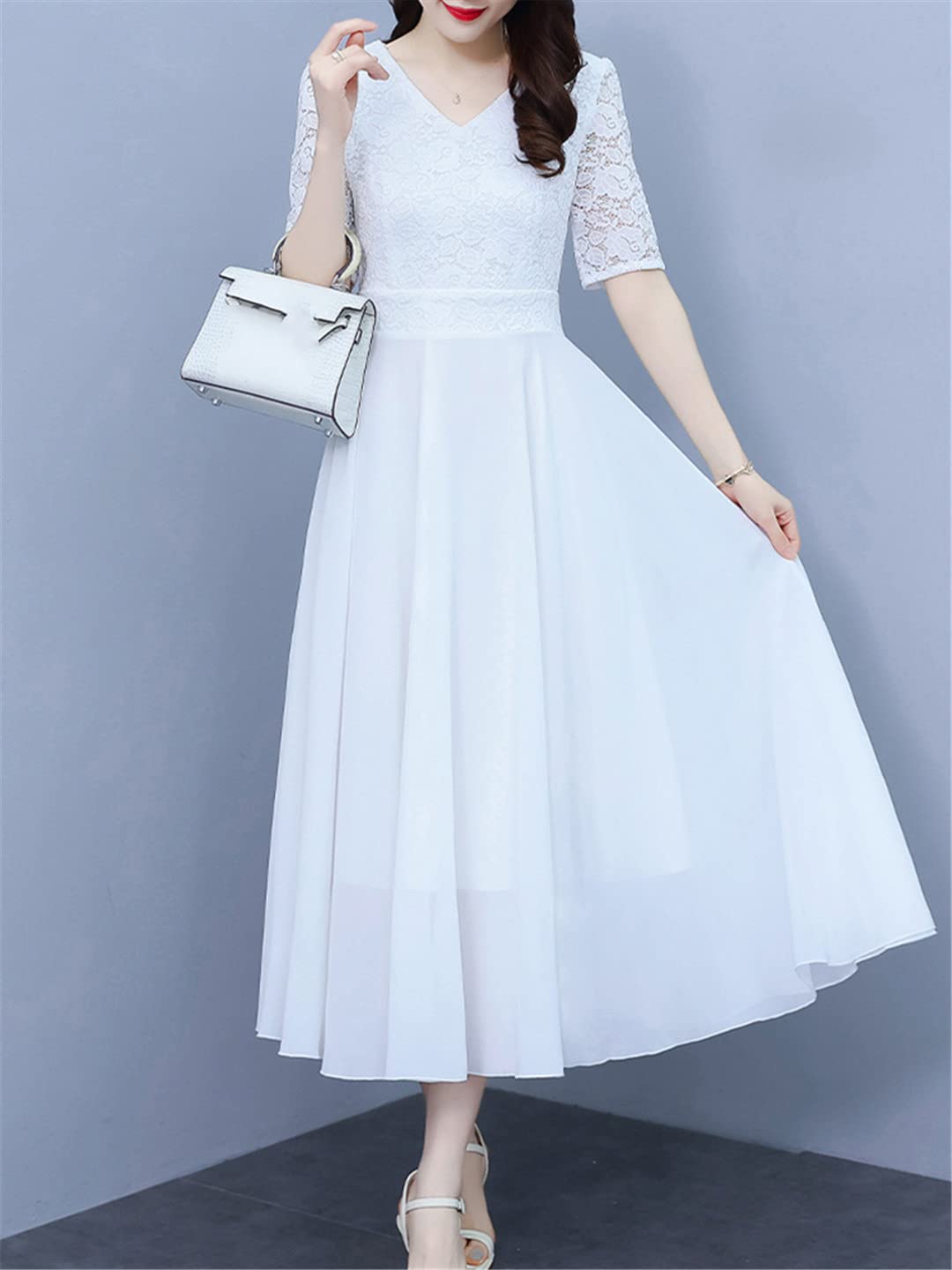 Abito estivo da donna, in pizzo, da spiaggia, lungo, floreale, in chiffon, elegante, casual, da sera, alla moda