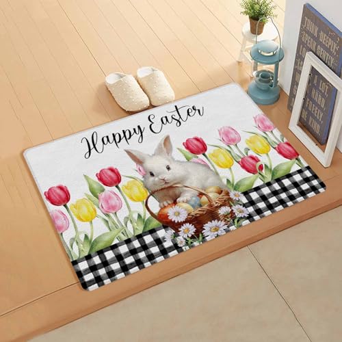 Easter Buffalo Bunny Kitchen Bath Door Mat Cushioned Runner Rug,Washable Welcome Floor Sink Antifatigue Mat,Waterproof & Non-Slip Comfort Standing Doormat,Bunny Eggs Tulip Floral Plaid Black 24