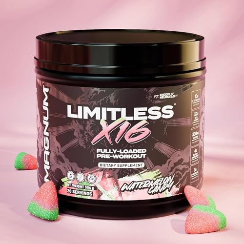 Image of Magnum Nutraceuticals Limitless x16 Fully Loaded Preworkout - 20 /40 Servings, Watermelon Candy Flavor, High-Energy, Focus, Strength & Endurance for Maximum Performance