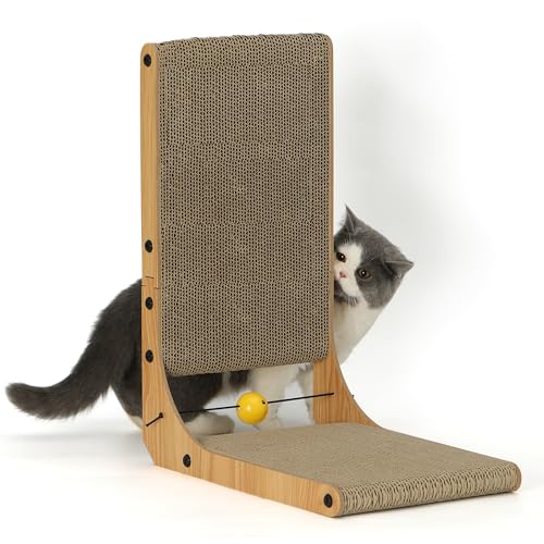 Image of FUKUMARU Cat Scratcher, 83cm L Shape Cats Scratch Pad Wall Mounted, Cat Scratching Cardboard with Ball Toy for Indoor Cats, Extra Large