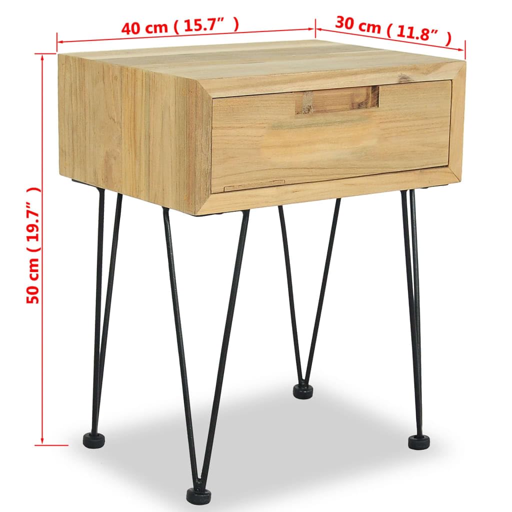 Mesita de noche de madera maciza, 40 x 30 x 50 cm, estilo colonial, con cajón y patas de hierro forjado, diseño rústico, espacio de almacenamiento, mesa auxiliar