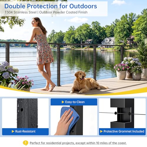 Image of 36 inch Swageless Level Cable Railing Post for Deck Cable Railing, T304 Stainless Steel Surface Mount 180 Drilled Deck Post with Upgraded Black Powder Coating for Indoor Outdoor Porch