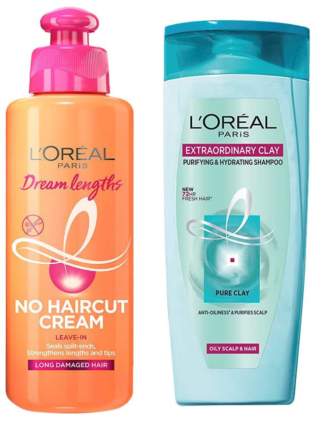 Image of L'Oreal Paris Dream Lengths No Haircut Cream Leave-In Conditioner, 200ml & L'Oreal Paris Extraordinary Clay Shampoo, 192.5ml (With 10% Extra)