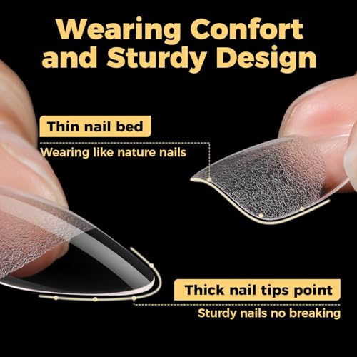 Image of UNA GELLA 600 Pcs Almond Gel Nail Tips, Pre Etched Medium Almond Nail Tips, 12 Sizes Full Cover Fake Clear Press On Nails for Flat & Curved Nails Bed Extension Home DIY Salon